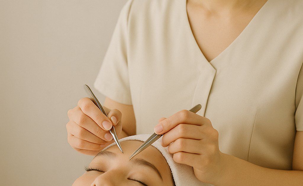 An esthetician shaping a client’s brows